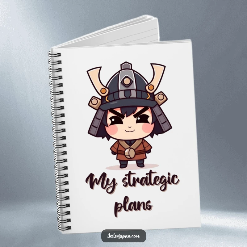 Funny notebook featuring a character with a confident smirk wearing a tiny samurai helmet, ideal for planning and note-taking.