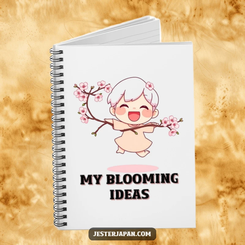 Funny Notebook: Joyful character doing a playful hop while holding a blooming cherry branch, ideal for journaling spring thoughts.
