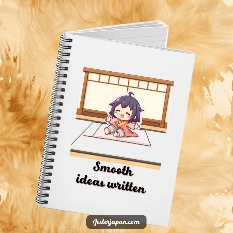 Funny notebook with a character playfully sliding on a smooth tatami mat. Ideal for capturing ideas with a theme of effortless thought.
