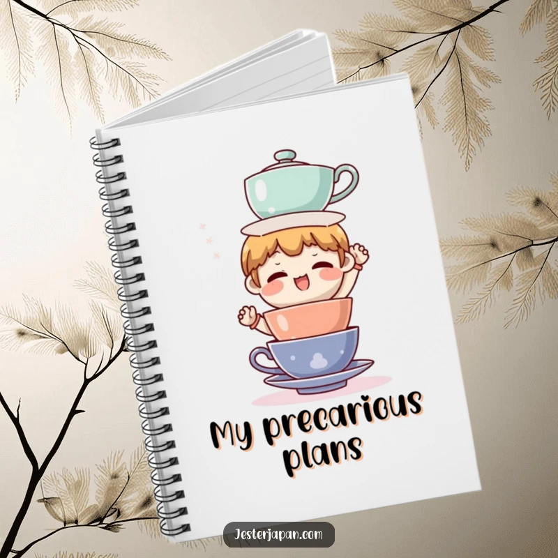 Funny notebook cover with a character comically attempting to balance a precarious stack of teacups, representing life's humorous challenges.