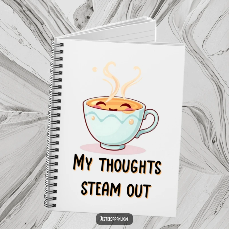 Funny notebook adorned with a cute tea cup character exhaling imaginary steam with a contented, happy sigh, perfect for notes.