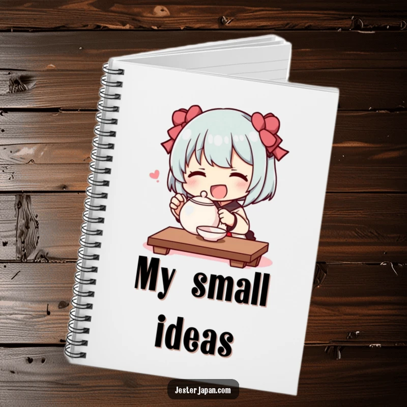 Funny notebook cover with a character joyfully performing a tiny tea ceremony with a small teapot, humorously representing mindful moments.