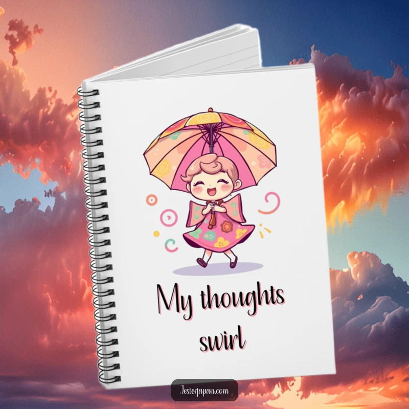 Funny notebook featuring a cheerful umbrella character dancing with swirling colorful patterns, inspiring creativity and joy.