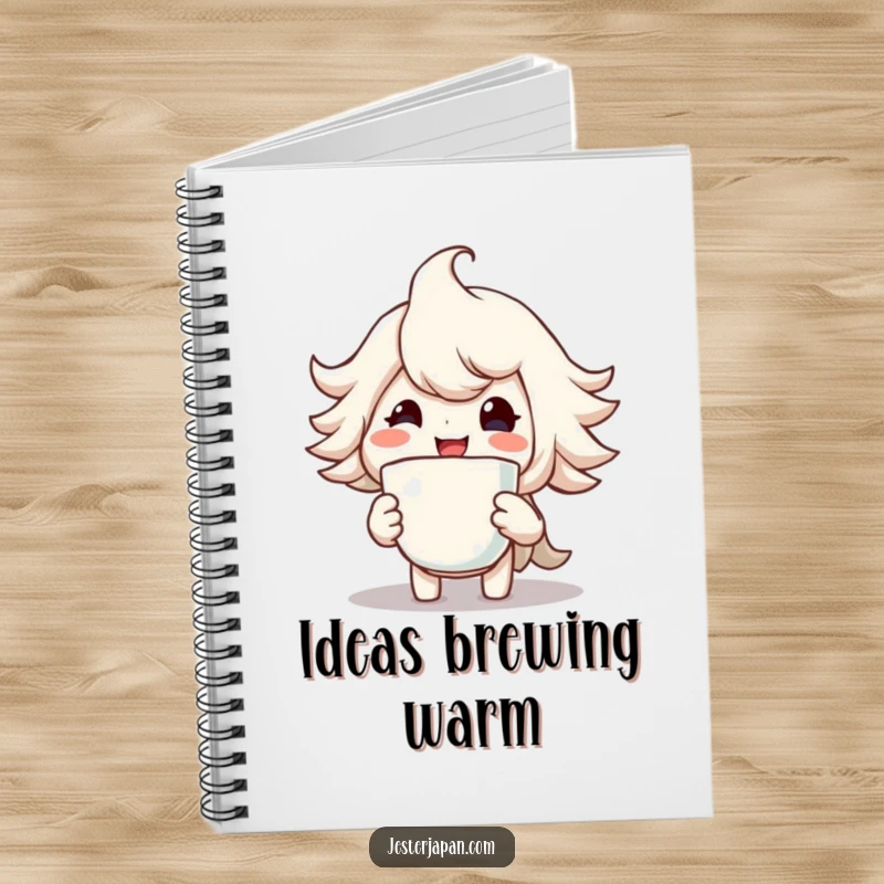 Funny notebook depicting a character with a huge smile holding a steaming cup, ideal for jotting down happy ideas.