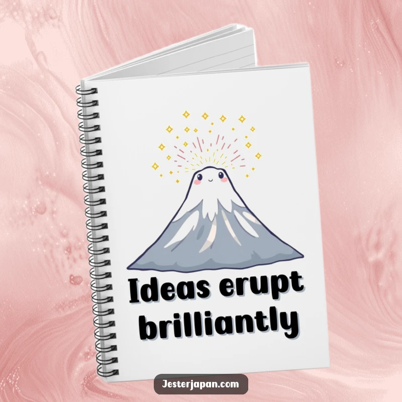 Funny notebook with a tiny Mount Fuji character erupting in a dazzling display of sparkles, inspiring creativity.