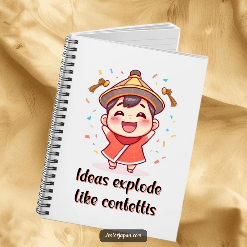 Funny Notebook: Tiny character with a huge smile, wearing a traditional hat, joyfully throwing confetti.