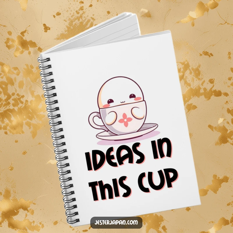 Funny Kawaii character sipping notebook, perfect for jotting down thoughts with cozy character and a warm drink.