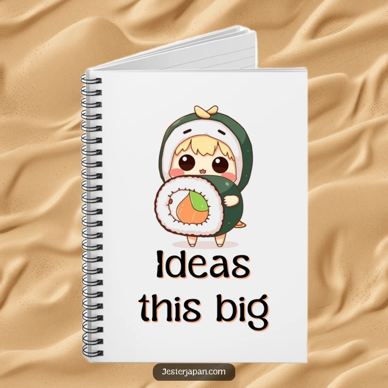 Funny notebook with a cute anime character showing surprise while holding a giant sushi roll, great for writing.