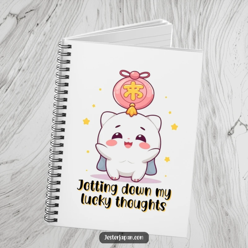 Funny Notebook with a happy character looking up at an immense lucky charm, designed for jotting down notes with a touch of humor and good luck.