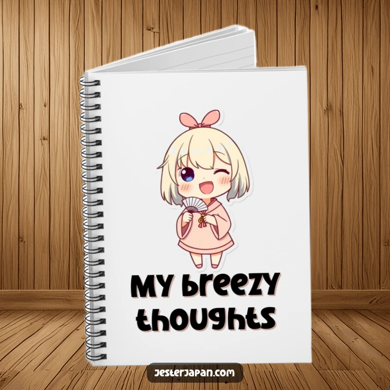Funny notebook cover with a character enthusiastically waving a small paper fan, humorously representing the spread of positive energy.