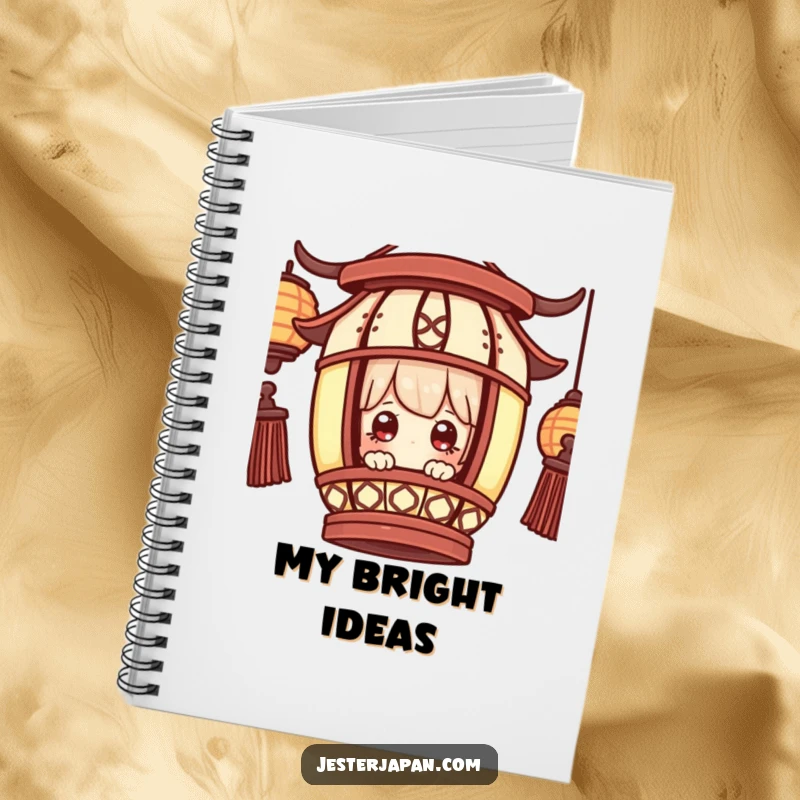 Funny Notebook: Little character peeking from a traditional lantern, eyes wide with wonder, ideal for journaling discoveries.
