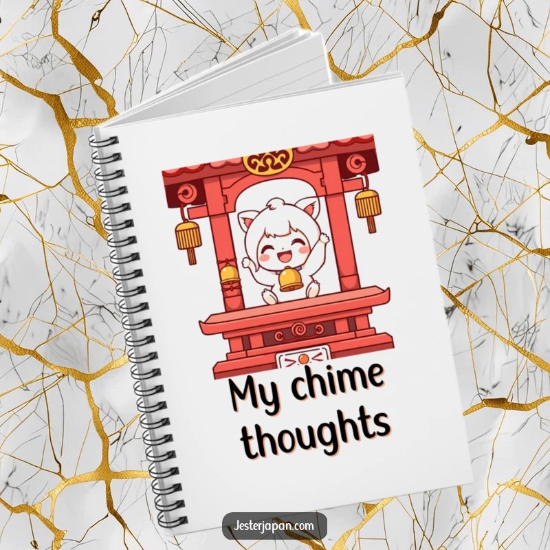 Funny notebook cover with a character joyfully ringing a tiny temple bell, encouraging creative thoughts and peaceful reflections.