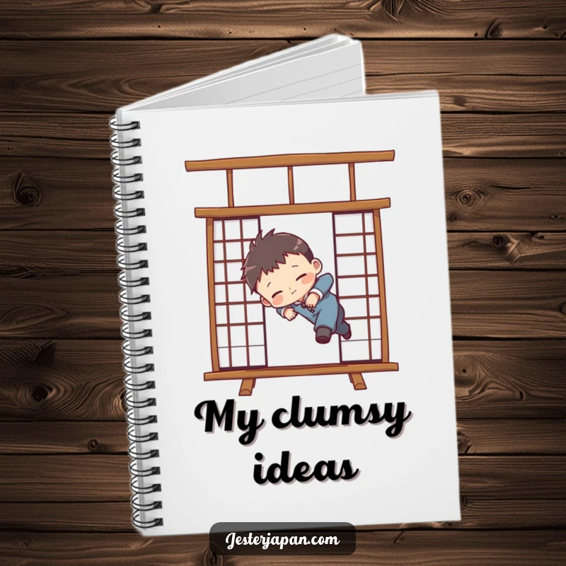 Funny notebook cover with a chibi character comically tripping over a Shoji screen, humorously representing life's unexpected turns.