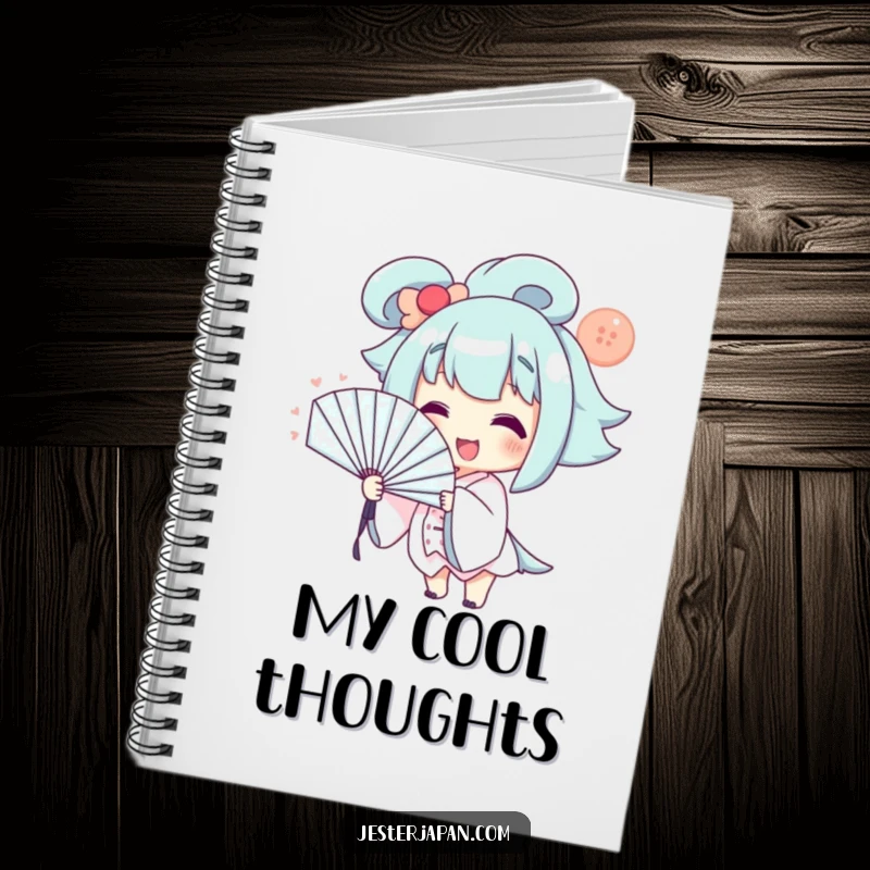 Funny Notebook: Smiling character dramatically fanning themselves with a large fan, ideal for journaling with humor.
