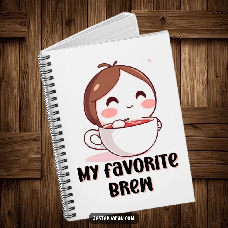 Funny notebook featuring a Kawaii character sipping a hot drink, perfect for journaling and creative notes.