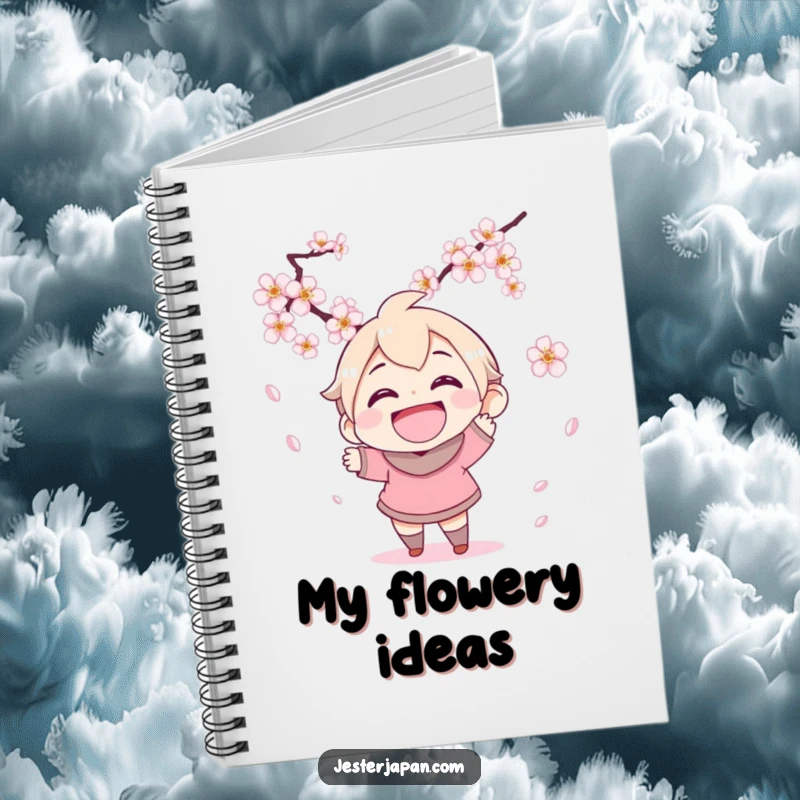 Funny notebook cover with a character's wide grin as they attempt to catch falling cherry blossoms, inspiring joyful writing.