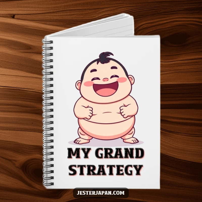 Funny notebook with a character's wide grin in a sumo pose, ideal for jotting notes and ideas.