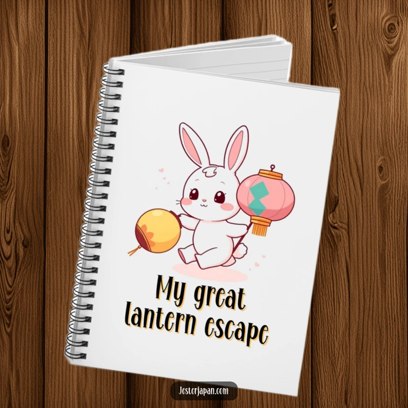 Funny notebook with a cute bunny character playfully chasing a rolling festival lantern, encouraging creative writing and whimsical note-taking.