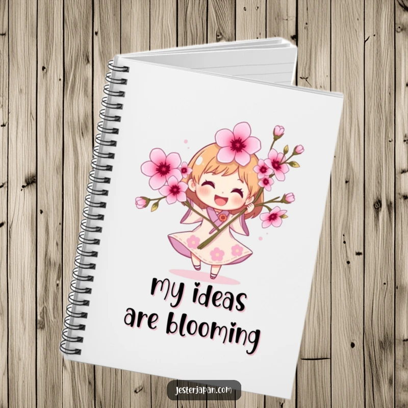 Funny Character Notebook: A joyful character with cherry blossoms, ready to record spring inspirations and thoughts.