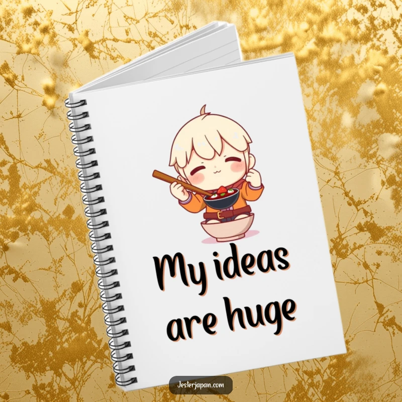 Funny notebook cover showing a character comically trying to use huge chopsticks, ideal for journaling.