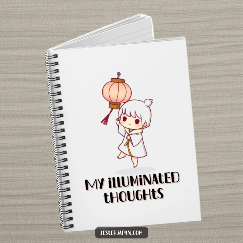 Funny notebook featuring a character playfully balancing a small, stylized paper lantern, ideal for jotting notes with a light touch.
