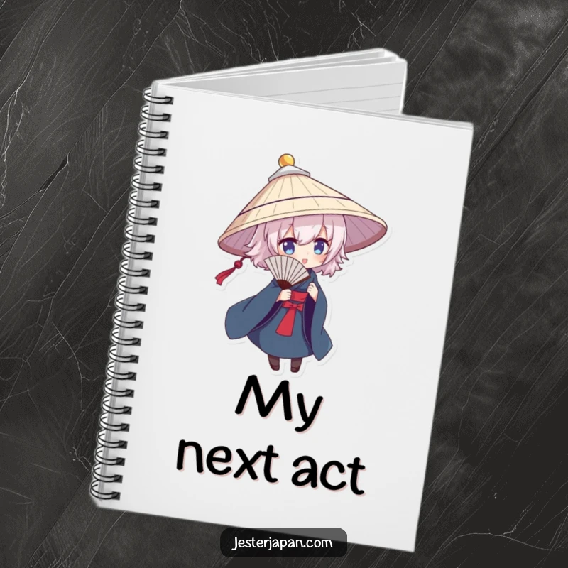 Funny notebook with a character in a traditional hat, dramatically posing with a fan, great for writing and ideas.