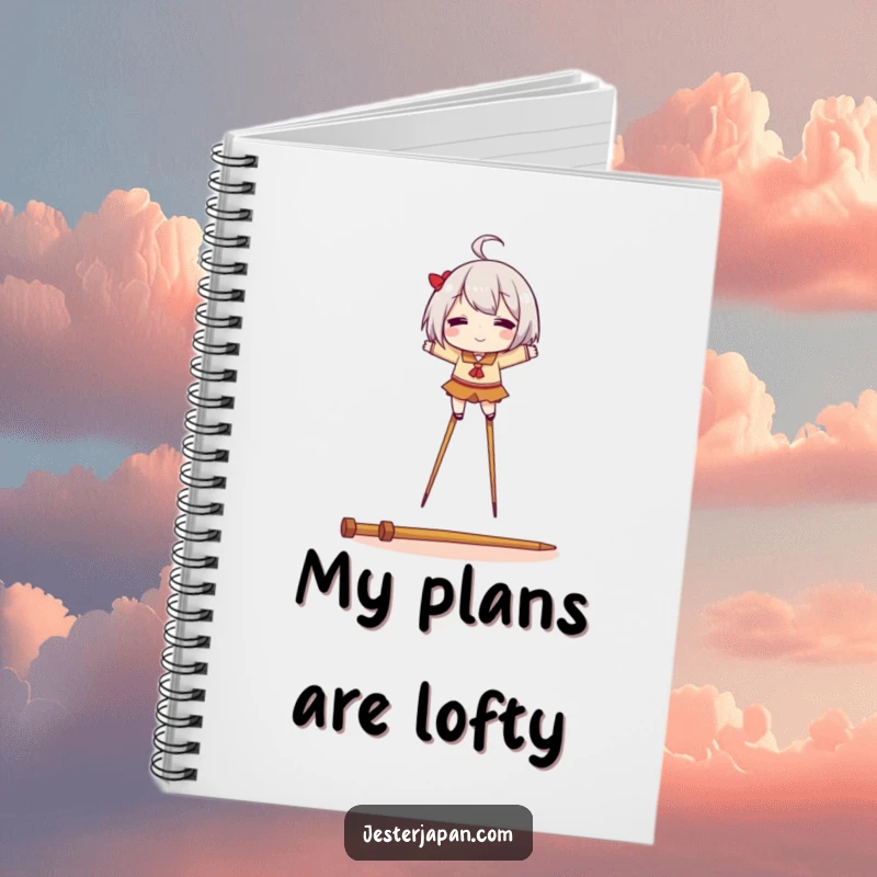 Funny notebook depicting a character balancing on chopsticks as stilts, perfect for writing down recipes and food ideas.