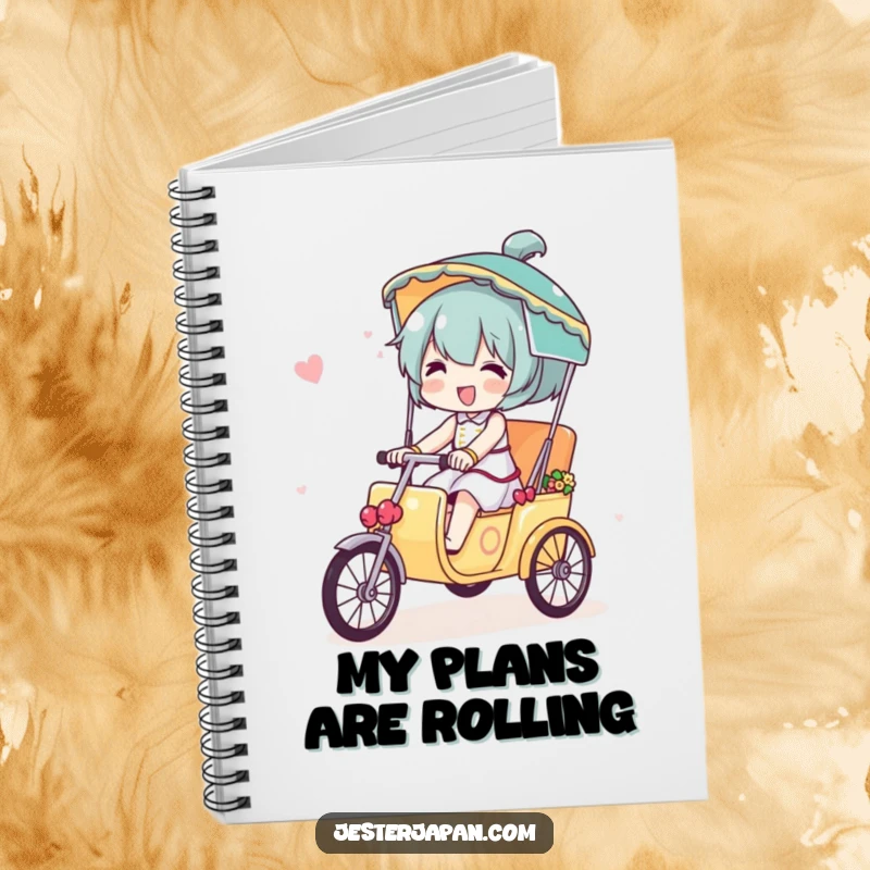 Funny notebook depicting a character joyfully riding a miniature decorated rickshaw, ideal for planning adventures and jotting ideas.