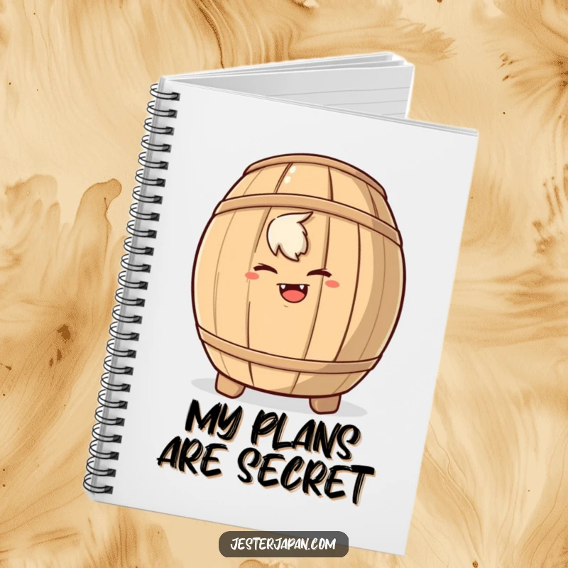 Funny notebook featuring a mischievous character hiding behind a sake barrel, ideal for jotting down plans and ideas.