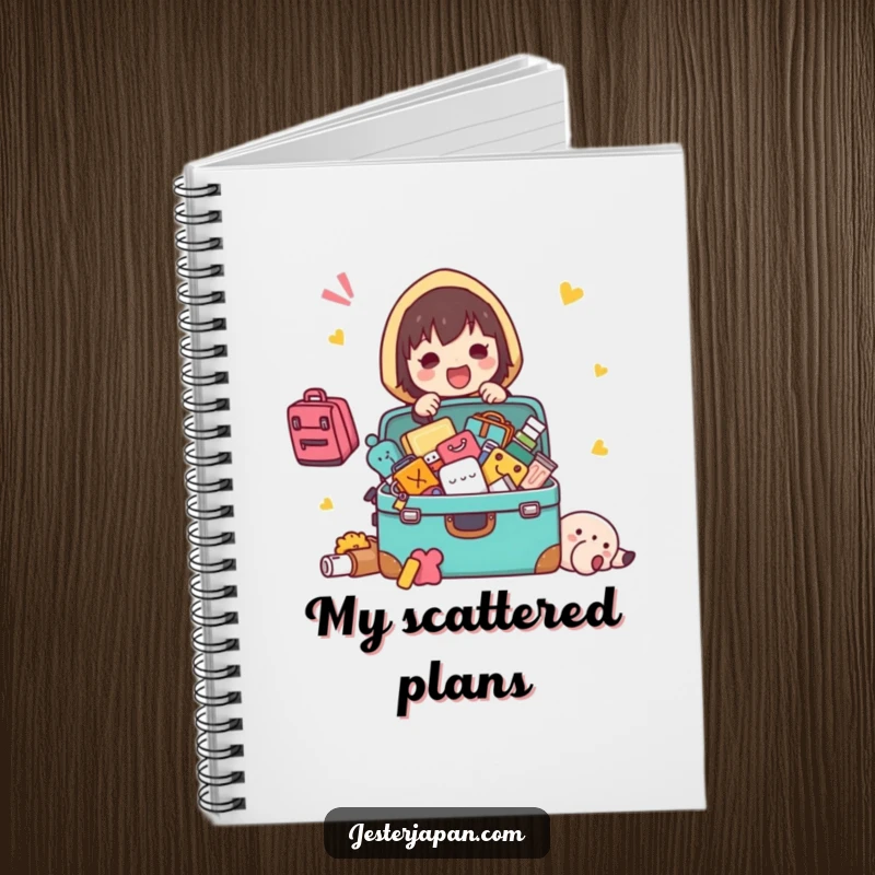 Funny Kawaii character packing notebook, with items spilling from a suitcase, perfect for travel planning with humor.