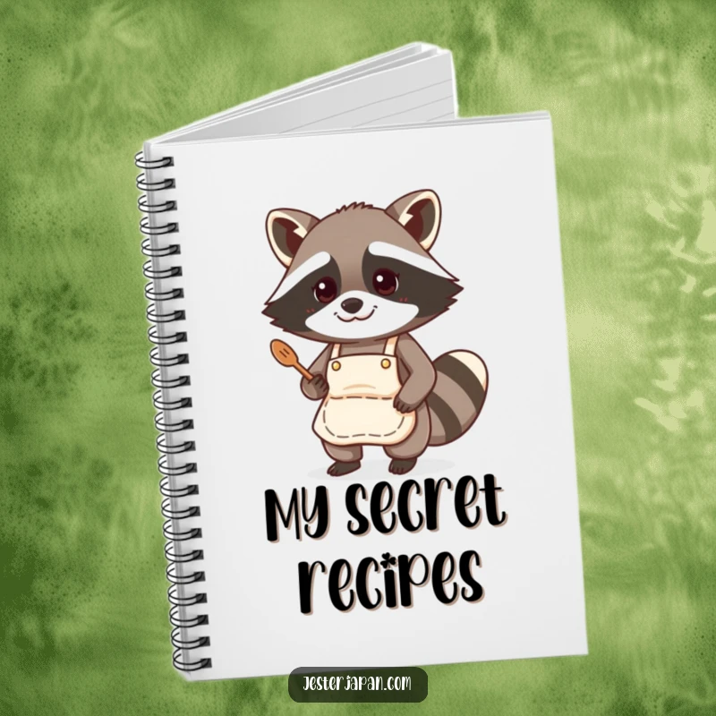 Funny notebook featuring a raccoon chef in an apron, perfect for jotting down recipes and kitchen notes with humor.