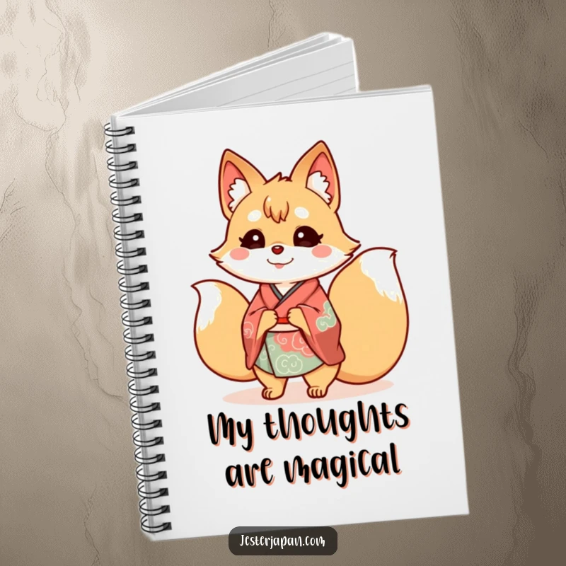 Funny Kitsune Kimono Notebook featuring a cheerful nine-tailed fox in an elegant kimono, its multiple tails suggesting boundless ideas.