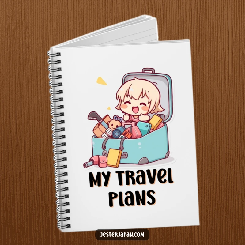 Funny notebook with a Kawaii character humorously packing a suitcase, ideal for notes and travel planning.