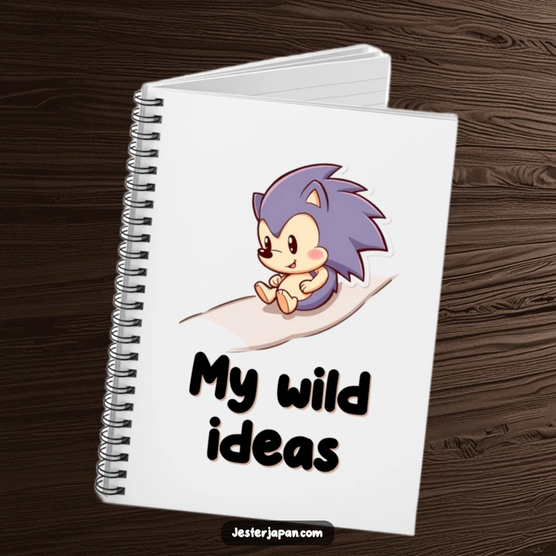 Funny hedgehog rolling downhill with glee on a notebook cover, inspiring happy thoughts and creative writing.