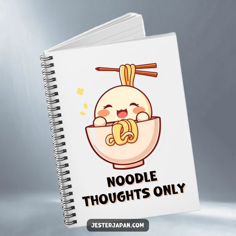 Funny Kawaii notebook with a small, round character joyfully slurping noodles, perfect for jotting down notes with a delightful, humorous touch.