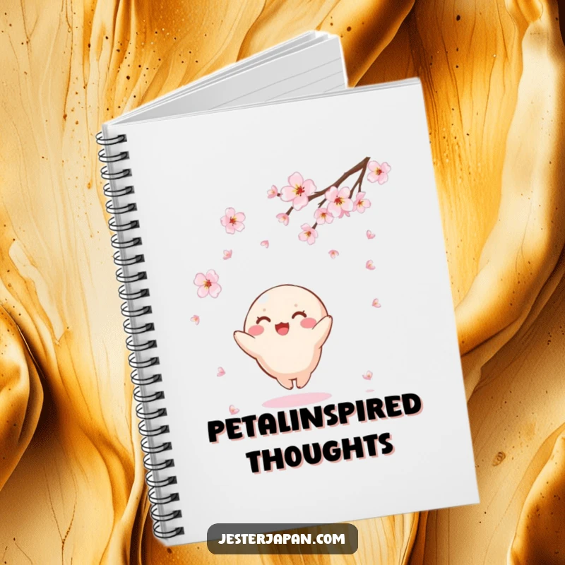 Funny Kawaii notebook with a small, round character joyfully catching falling cherry blossoms, ideal for jotting down ideas with serene, humorous flair.