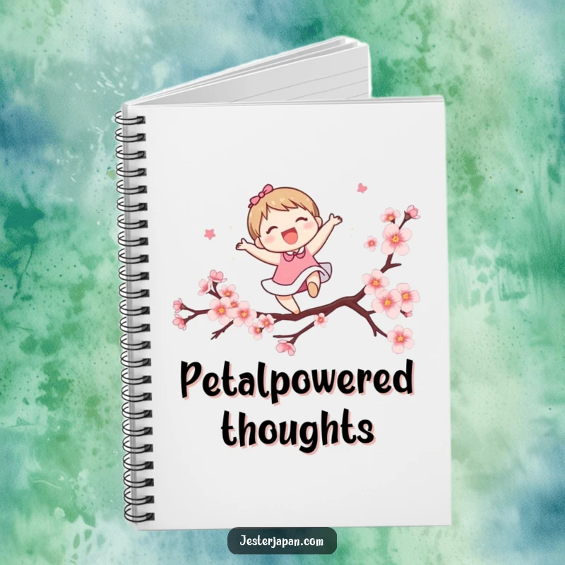Funny notebook with a cute character joyfully leaping over a stylized cherry blossom branch. Ideal for capturing ideas with a spring theme.