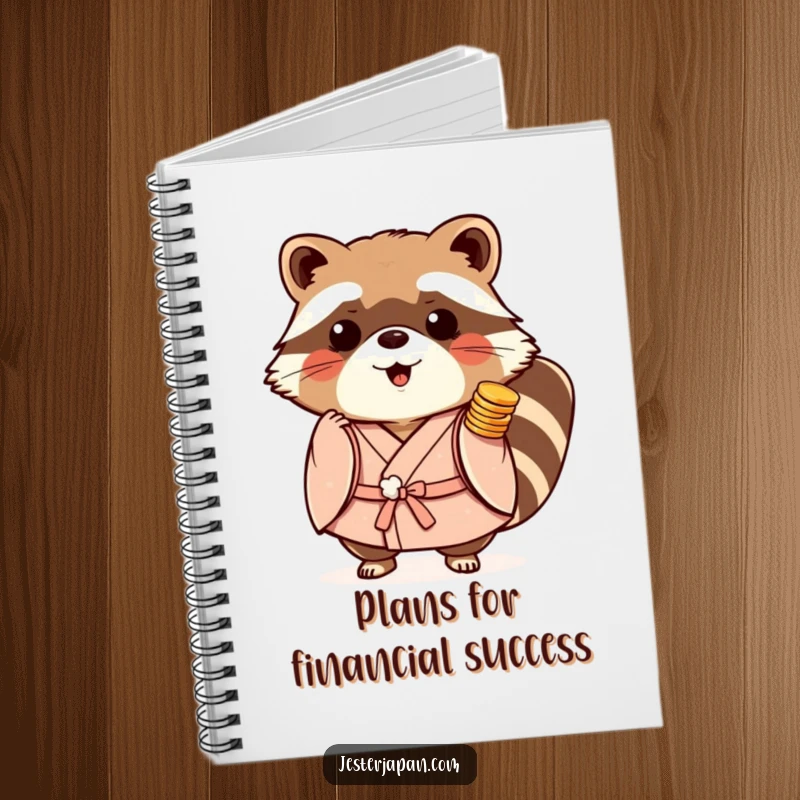 Funny Tanuki Kimono Notebook featuring a playful raccoon dog in a kimono, surrounded by stacks of coins for inspiration.