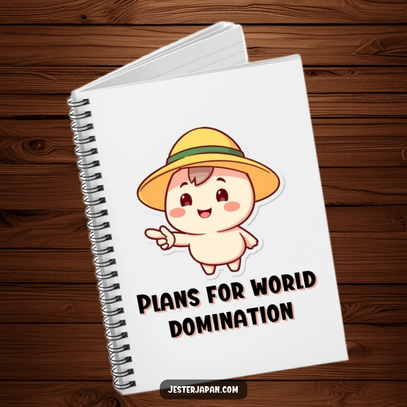 Funny notebook featuring a cheerful character in a sun hat pointing forward, ideal for planning and noting ideas.