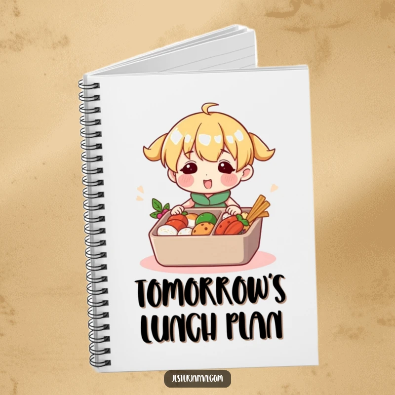 Funny notebook with a happy character busily packing a colorful bento box. Ideal for jotting down recipes and meal ideas with a foodie theme.