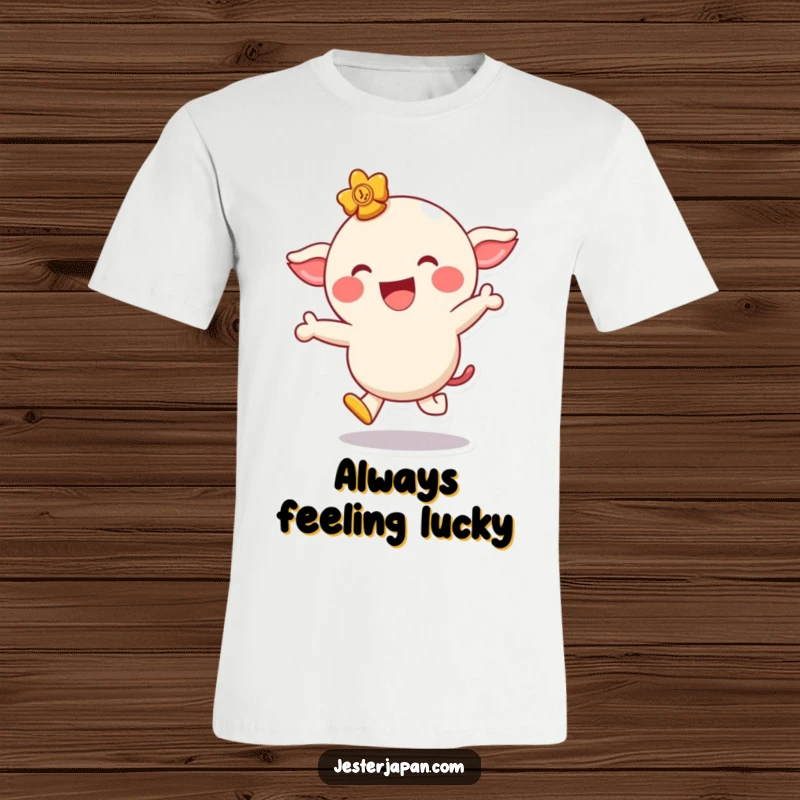 Funny t-shirt featuring a giggling lucky charm character in a playful hop with a wide, happy smile.