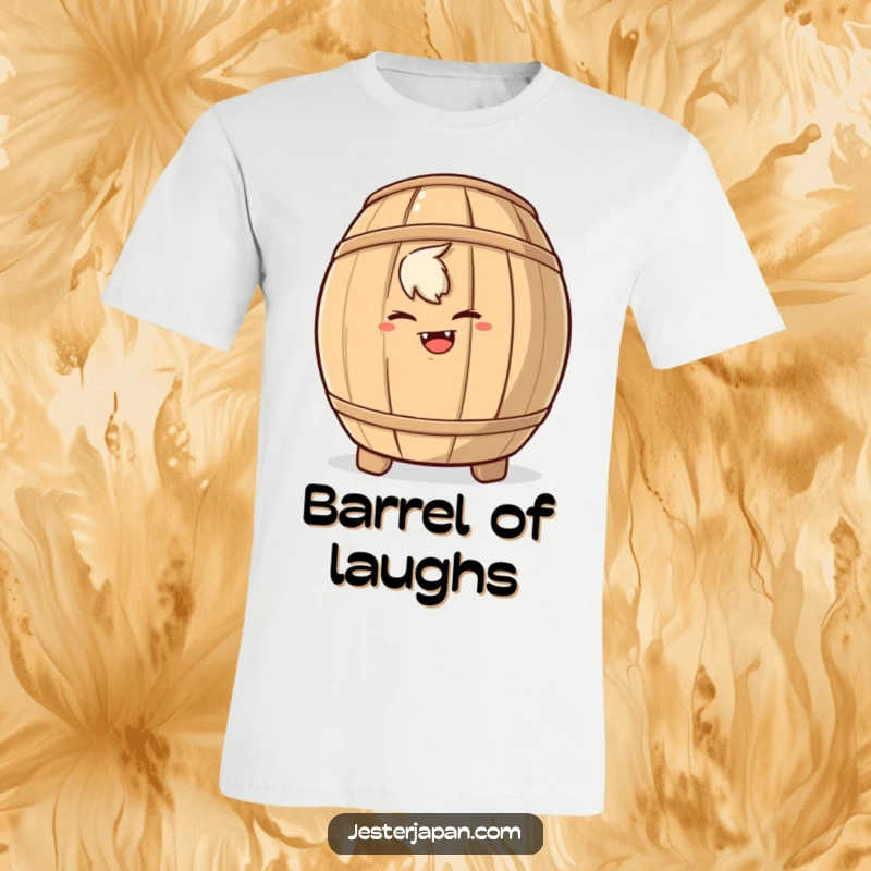 Funny t-shirt of a character with a mischievous grin, peeking from behind a large sake barrel, suggesting playful mischief.
