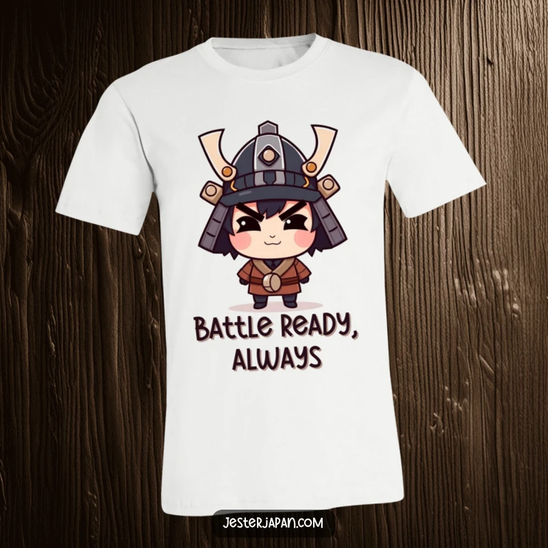 Funny t-shirt showing a character with a confident smirk wearing a miniature samurai helmet, exuding playful bravery.