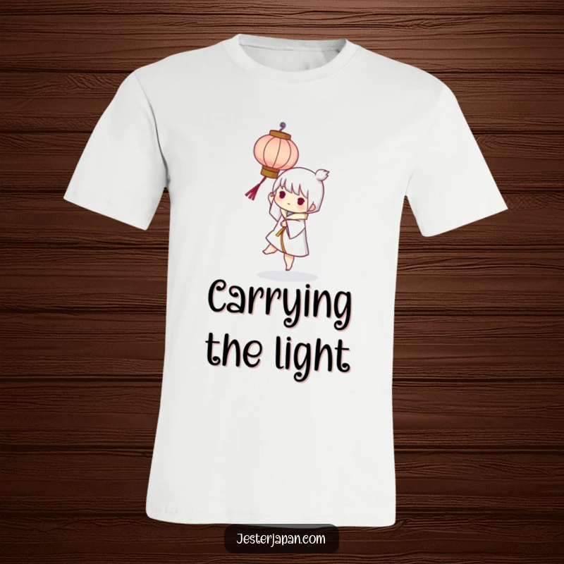 Funny t-shirt featuring a character playfully balancing a small, stylized paper lantern with perfect poise and a humorous touch.