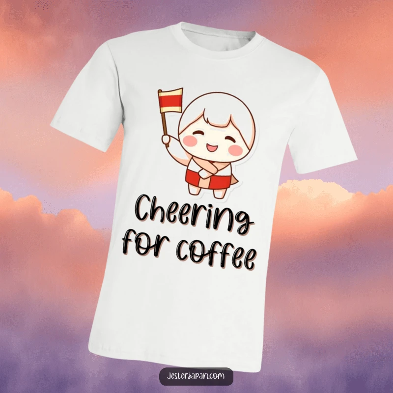 Funny t-shirt showcasing a smiling Kokeshi doll character enthusiastically waving a miniature flag, symbolizing celebration and cheerful energy.