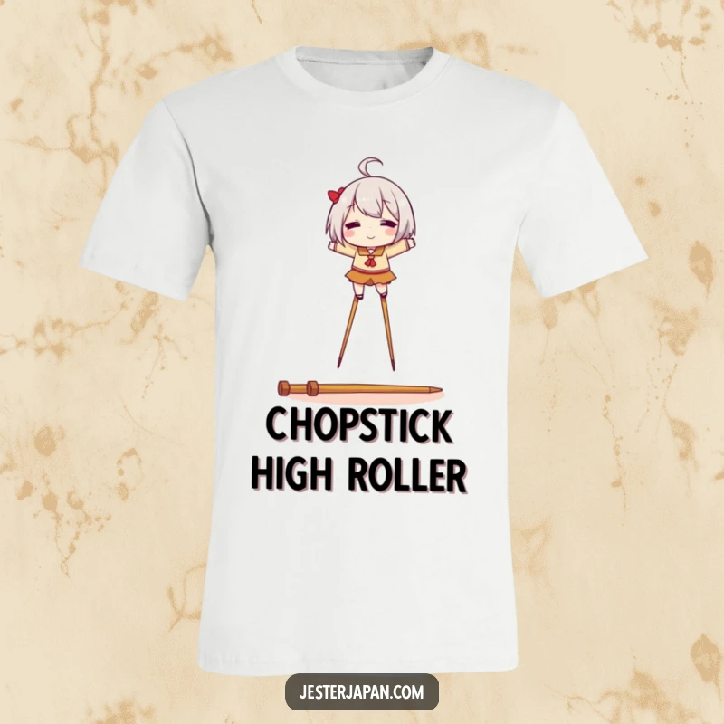 Funny t-shirt of a character gleefully balancing on stilts constructed entirely of chopsticks, highlighting food-related fun.