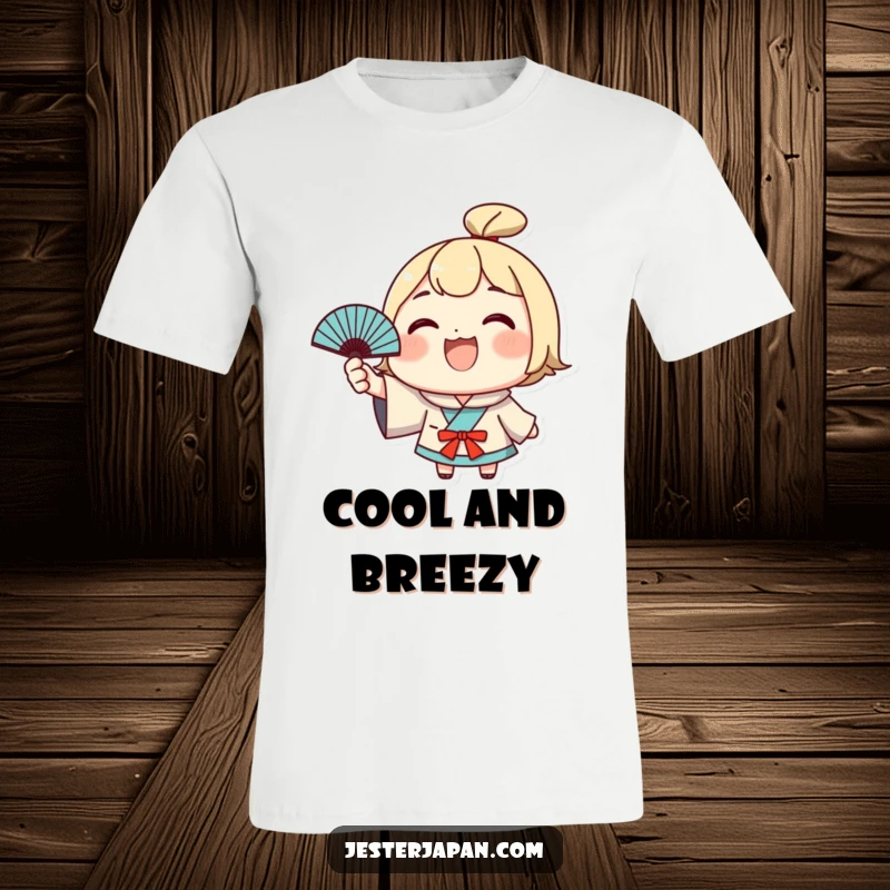 Funny Kawaii T-Shirt: Cute character with wide grin waving a Japanese fan, radiating pure joy and excitement. Ideal funny gift.
