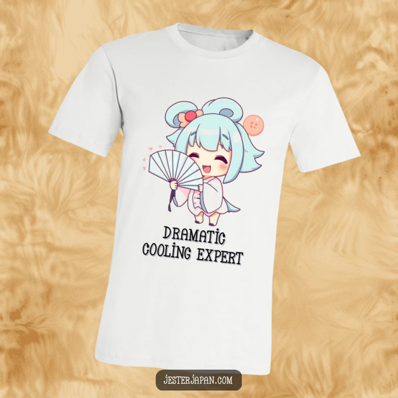 Funny T-Shirt: Smiling character using a large fan dramatically to cool off, depicting comical heat discomfort.