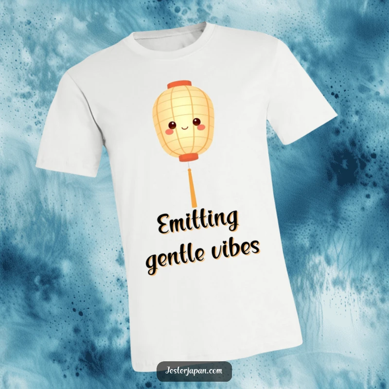 Funny t-shirt showcasing a cute paper lantern character floating serenely, emitting a soft, peaceful glow.