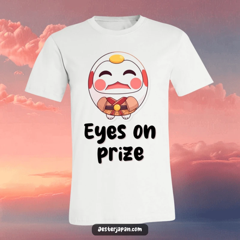 Funny Daruma Kimono T-Shirt depicting a stoic Daruma doll dressed in a miniature kimono, exuding an aura of resolute focus.